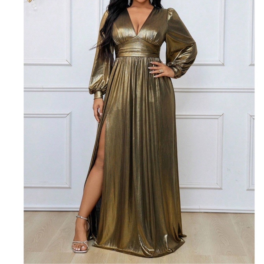 Plus Plunge Neckline High Waisted Split Wedding Party Formal Dress 1X 2X 3X 4X